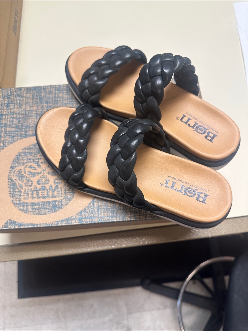 Born Freesia Black Double Braided Slide Sandals with Tan Footbed